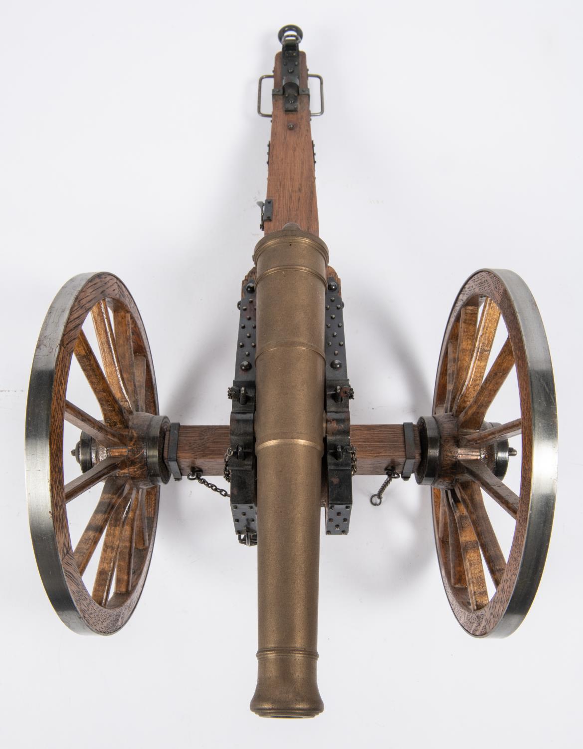 A well made model of a Waterloo period field gun, turned brass barrel 9½" (not bored through), on - Image 3 of 5