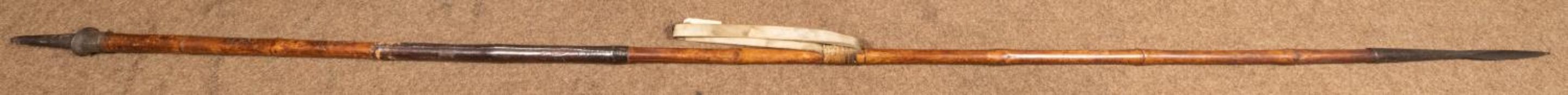 A 19th century bamboo cavalry lance, 108" (9') overall, branded "9 LRS" in several places, with