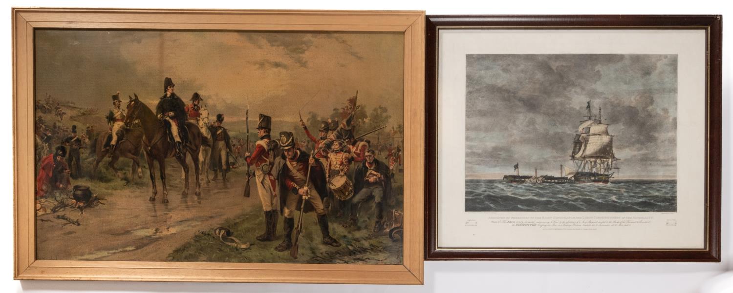 A large sepia print "Scotland Forever" by Lady Butler, 33" x 21"; a Royal Artillery coloured