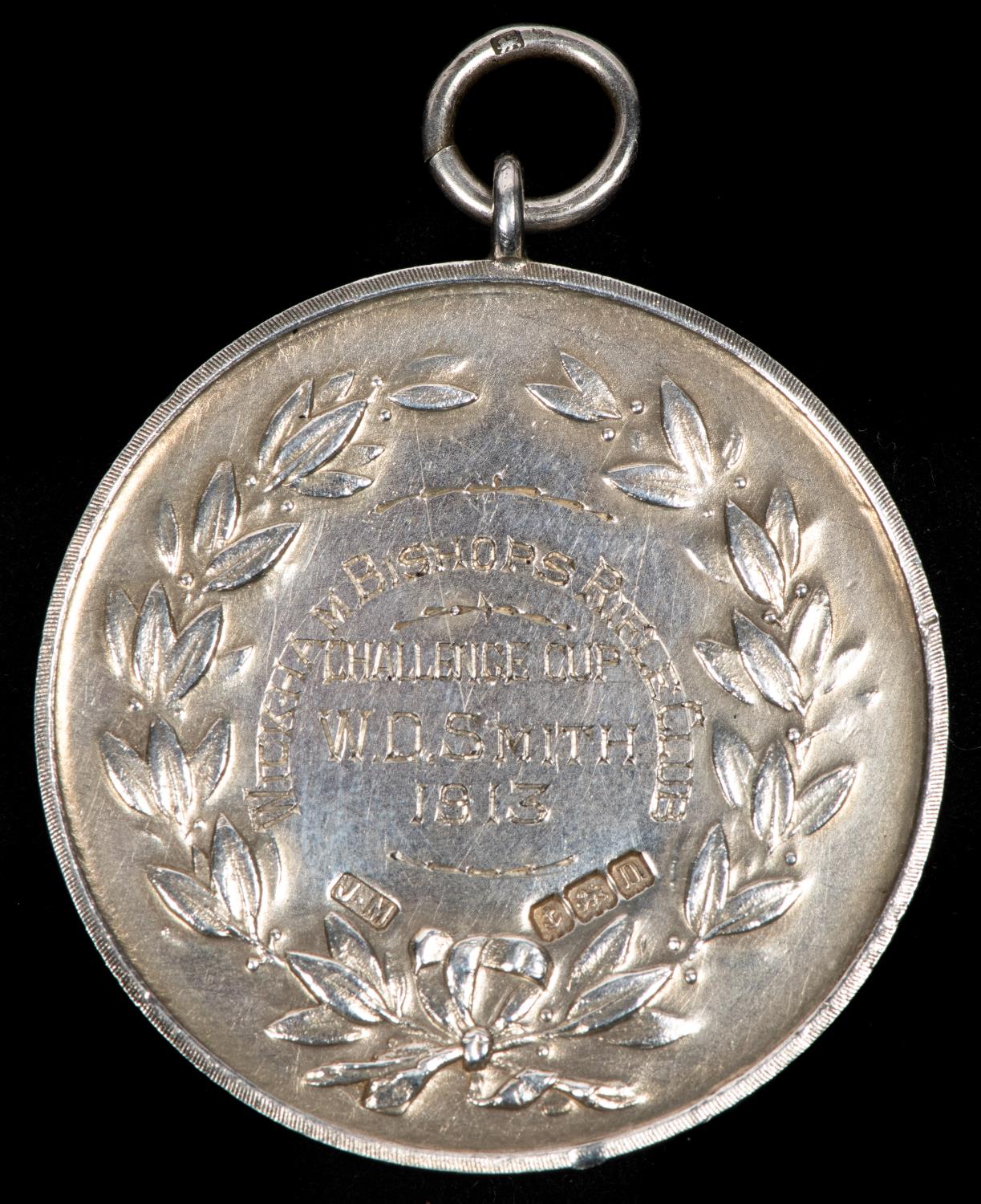 "Wickham Bishops Rifle Club" silver shooting medal, obverse 2 military personnel prone firing at a - Image 2 of 2
