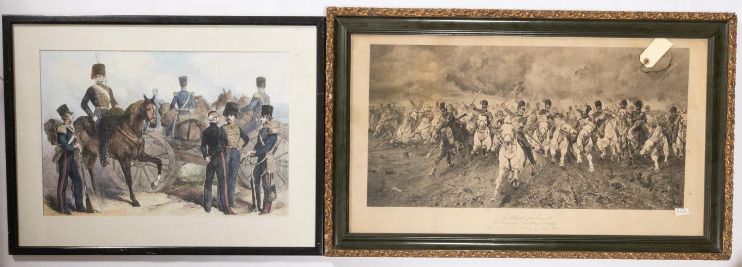 A large sepia print "Scotland Forever" by Lady Butler, 33" x 21"; a Royal Artillery coloured - Image 3 of 4