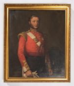 A Victorian oil painting of an Infantry Officer c 1840, in scarlet coatee, wearing a campaign
