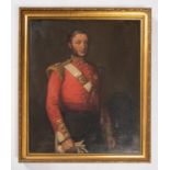 A Victorian oil painting of an Infantry Officer c 1840, in scarlet coatee, wearing a campaign