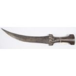 A Persian jambiya, blade 11" with etched panels of foliage, all steel hilt with traces of etched