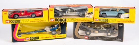 5x Corgi Toys Whizzwheels. Surtees TS9 F1 racing car (150) in metallic blue. JPS Lotus (154). John