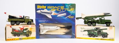 3x Dinky Toys. A NASA Space Shuttle (364). Berliet Missle Launcher (620). Honest John Missile