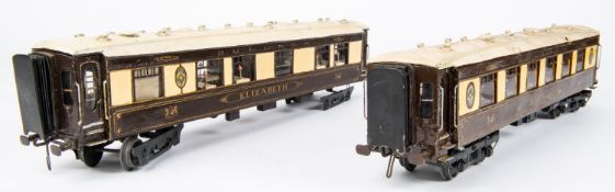 2x O gauge Pullman Cars with tinplate bodies and detailed interiors. Rosemary and Elizabeth, both in