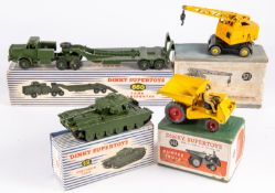4 Dinky Toys. Tank Transpporter (660). Centurion Tank (651). Dumper Truck (562). All boxed, minor/