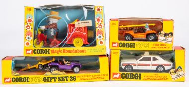 4x Corgi Toys. A Whizzwheels Gift Set No.26; Beach Buggy in metallic purple with yellow trailer (