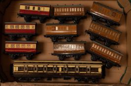 9x Hornby 4-wheel coaches and a scratchbuilt GWR bogie coach with wooden body and white metal