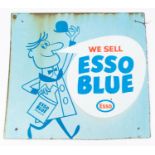 A enamelled two-sided sign for 'Esso Blue' Parafin. A blue background with a figure to left