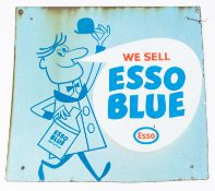 A enamelled two-sided sign for 'Esso Blue' Parafin. A blue background with a figure to left