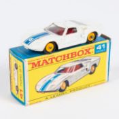 Matchbox Series No.41 Ford GT. An example in white with blue racing stripes, RN6, with yellow