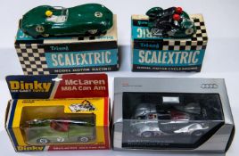 2 Scalextric Cars. A Lister Jaguar E1, in BRG, RN16. Plus a Motorcycle Racing Typhoon, also in