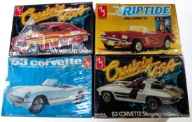 4x unmade American 1:25 AMT Plastic Car Kits. 53' Corvette (T310), Riptide 1960 Corvette (#6621).