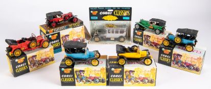 7 original issue Corgi Classics. 1910 Daimler (9021) in red and yellow. 2x 1927 Bentley (9001) in