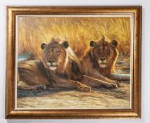 An oil painting on canvas of two resting lions. Signed to bottom left, Liu Qiang 2001. Overall