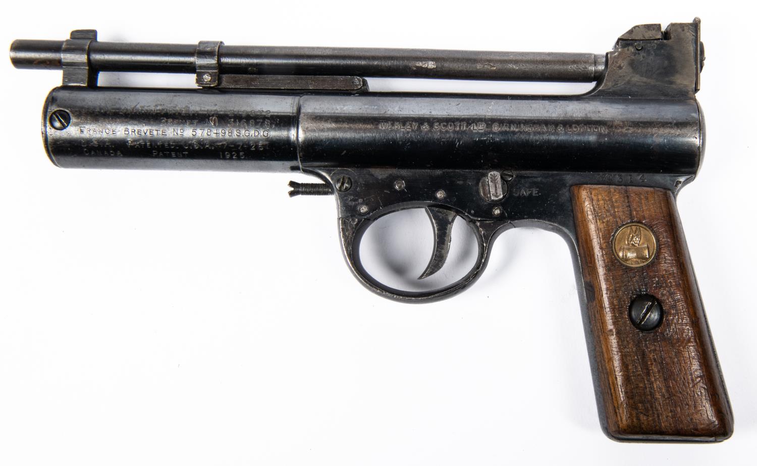 A pre war .177" Webley Mark I air pistol, number 38314 (1930), with full patent dates on both