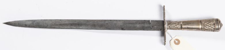 A German hunting sword c 1900, SE blade 13¾” etched with trophies and foliage, marked “Toledo”