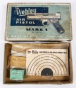 A Webley Mark I Air Pistol original box, with box of pellets and a target. GC (some damage to