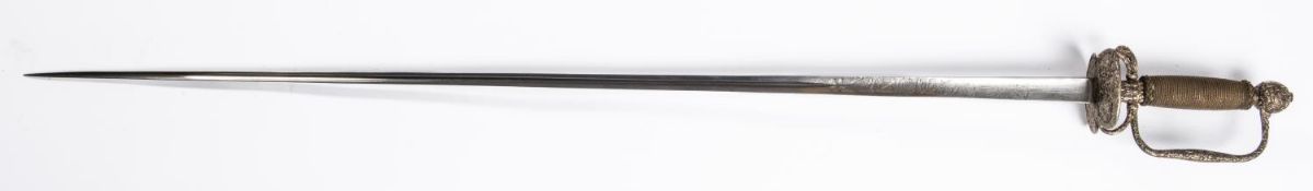 A smallsword, c 1700, blade 34" of concave triangular section etched with panels of strapwork,