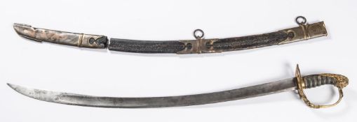 An 1803 pattern infantry officer’s sword, SE curved blade 29”, small section at top engraved, gilt