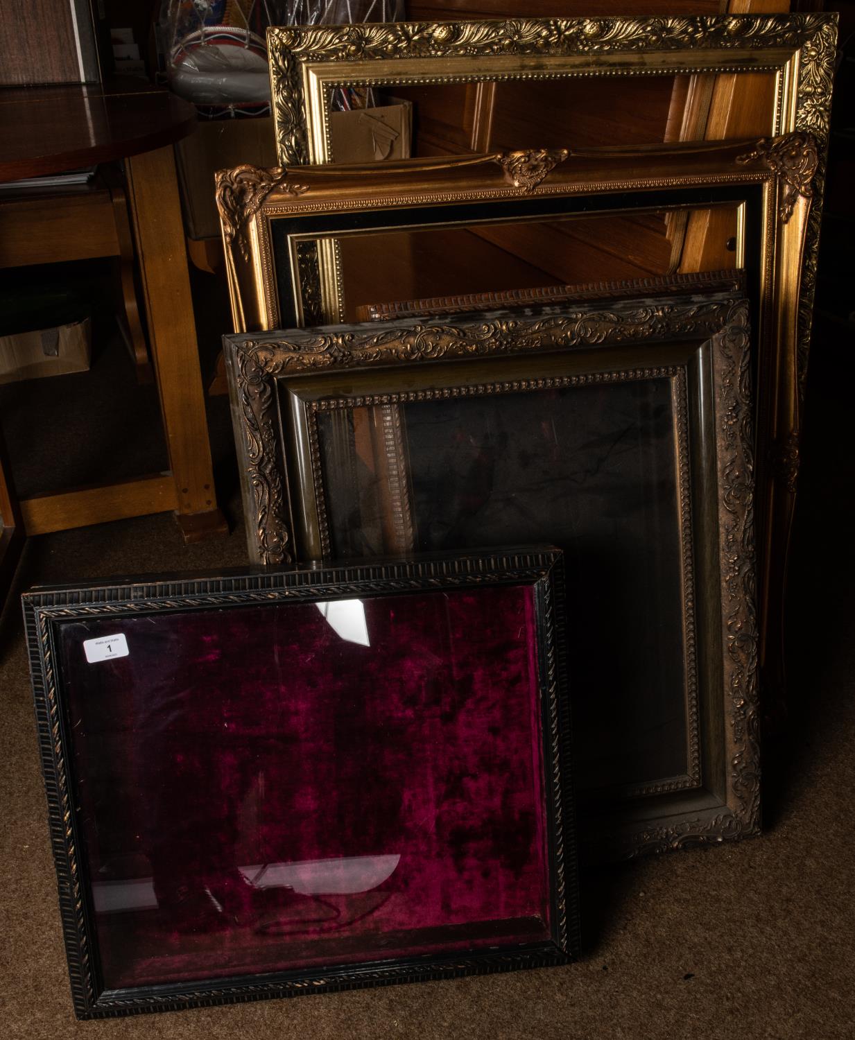 An oak glazed display case, 24" x 17" x 4", velvet lined; another 20" x 17" x 3½", velvet lined;