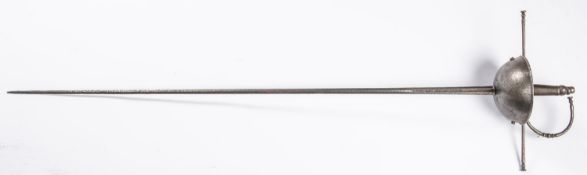A Spanish type cup hilt rapier, blade 38" marked in deep fullers (indecipherable); copper wire bound