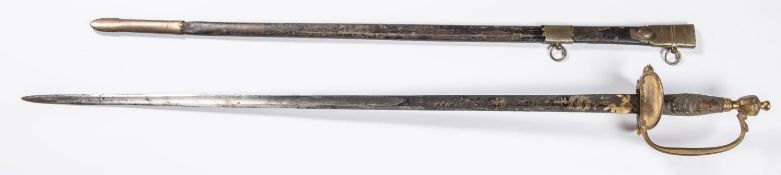 A 1796 pattern infantry officer’s sword, blade 32”, originally blued and gilt but now very pitted