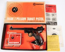 A .22" Crosman Mark I Pellgun CO2 target pistol, number 668401, with mottled brown plastic grips.