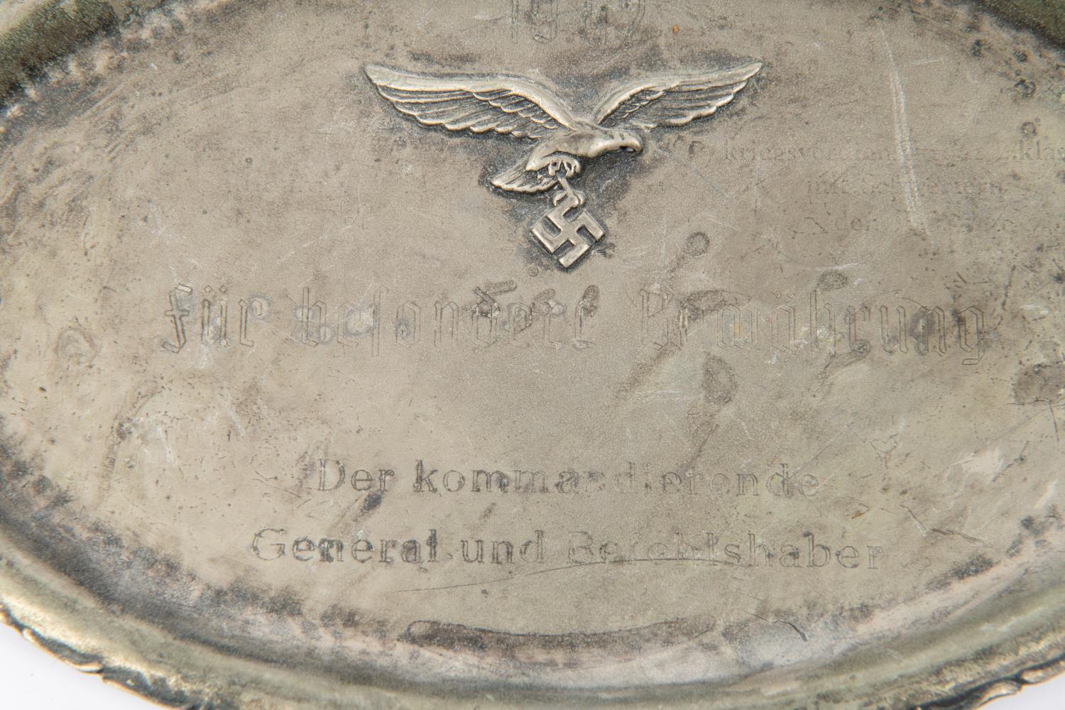 A Third Reich white metal salver, with applied Luftwaffe badge, 9½" x 6", engraved "1942 Fur - Image 2 of 3