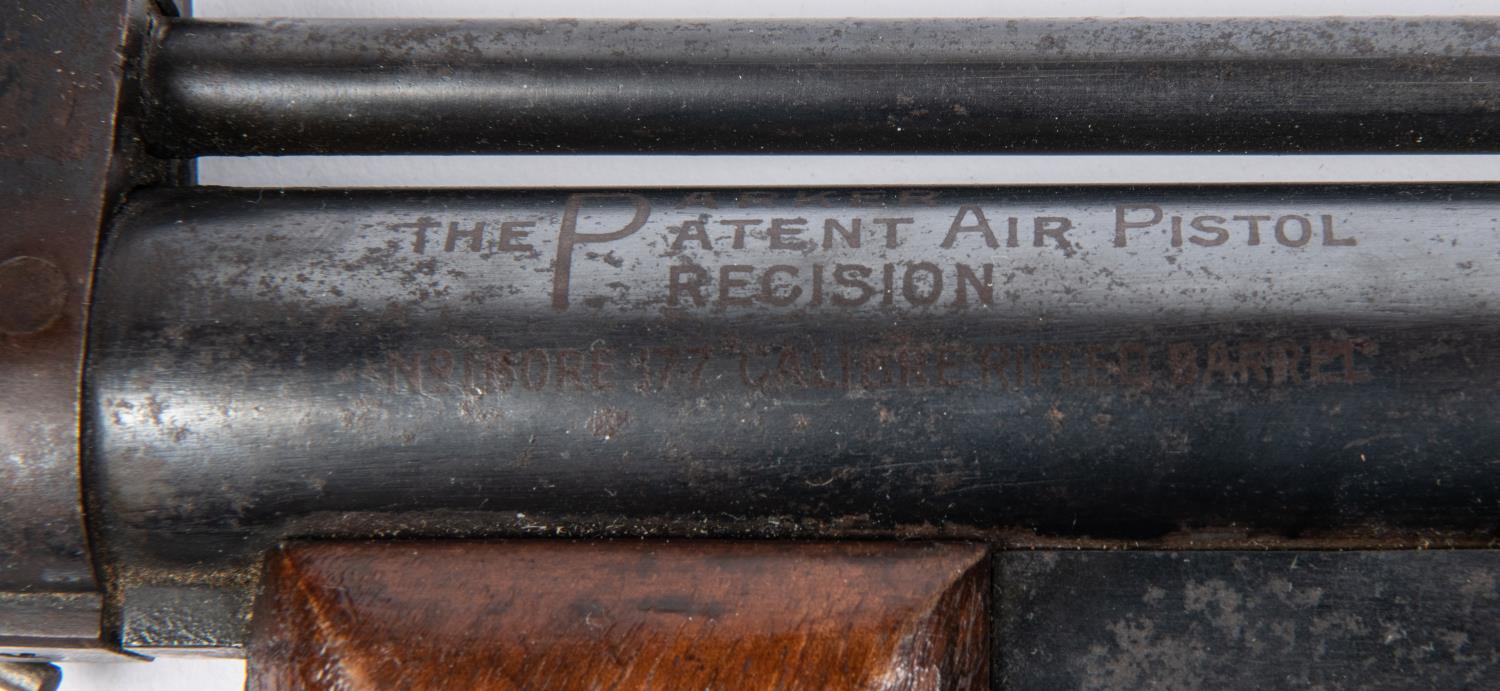 A rare .177" Parker Patent Precision crank wound air pistol, number 15, the air chamber etched on - Image 4 of 4