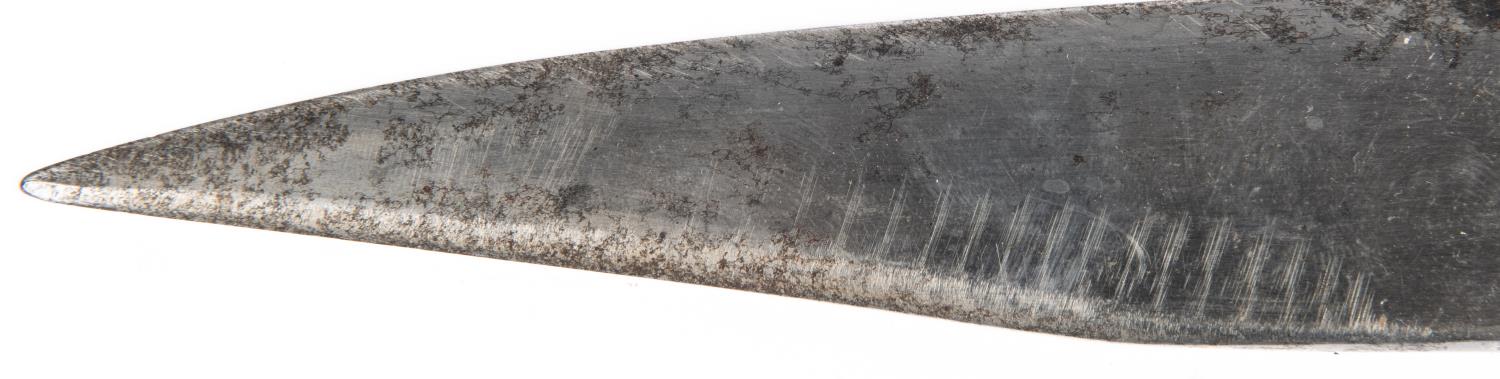 A large 19th Century Hunting knife, Bowie type clipped back blade 11½”, carved wood hilt of goats - Image 4 of 4