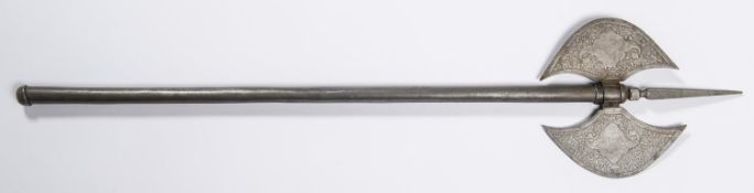 An Indian double bladed steel battle axe, 27½" long, etched blades, spiked head. GC £30-40