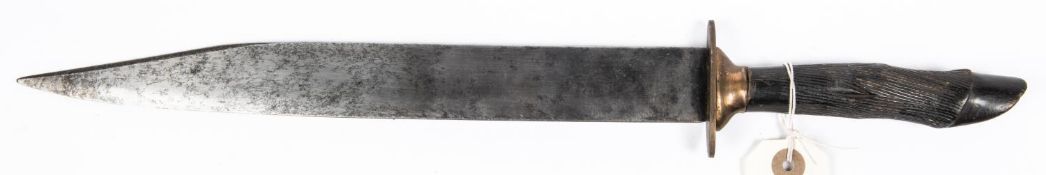 A large 19th Century Hunting knife, Bowie type clipped back blade 11½”, carved wood hilt of goats