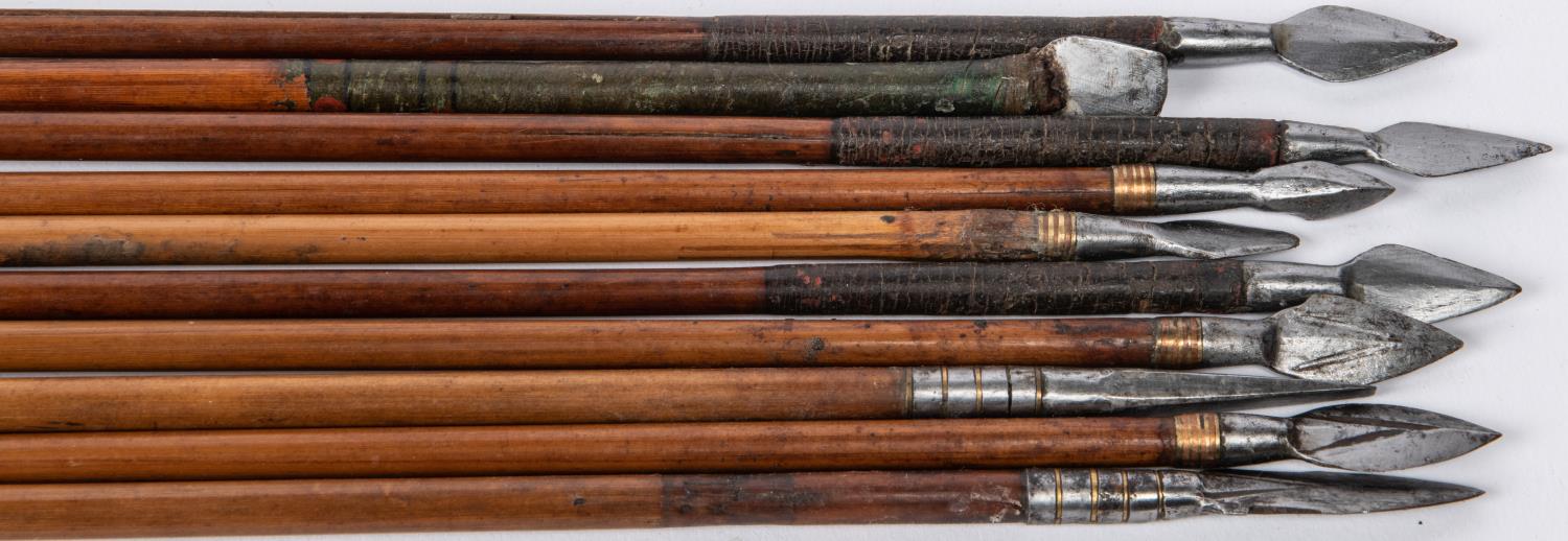 A set of three 18th century Indian arrows, with small plain leaf shaped heads; another, with - Image 2 of 2