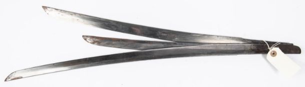 Three Japanese blades: Wakizashi, 13½” and 18”, both with signed tang; and katana, 20”, adapted from