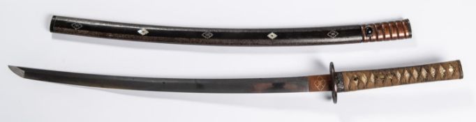 A Chisa shinto katana with unsigned blade and sanbon suji hamon, 59cms. Iron fuchi kashira and