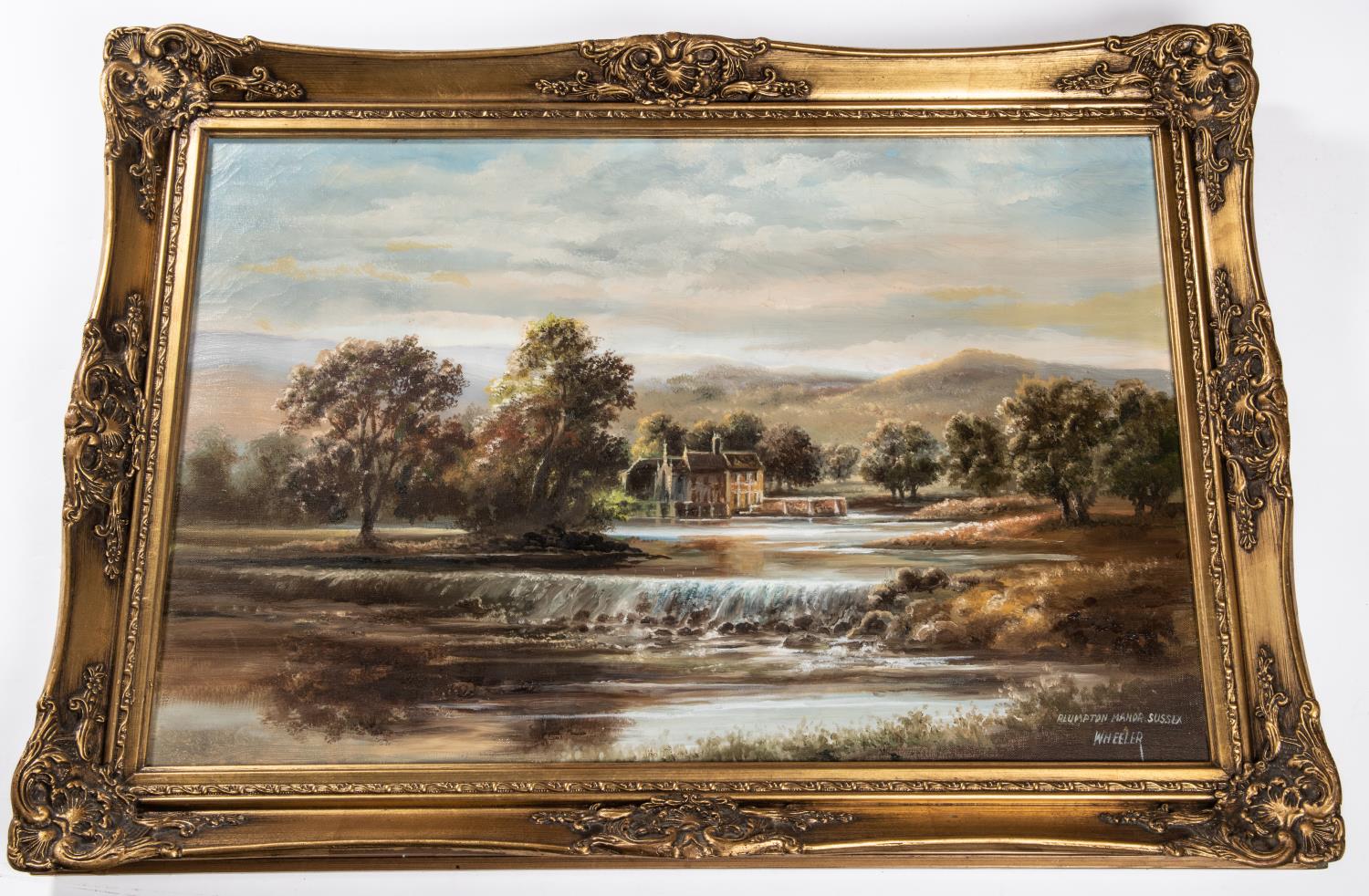 A large oil painting on canvas, 29½" x 19", depicting a country landscape of a large Georgian