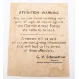 A Third Reich printed poster, 10" x 8", in English "Attention – Warning Any Person Found Marking