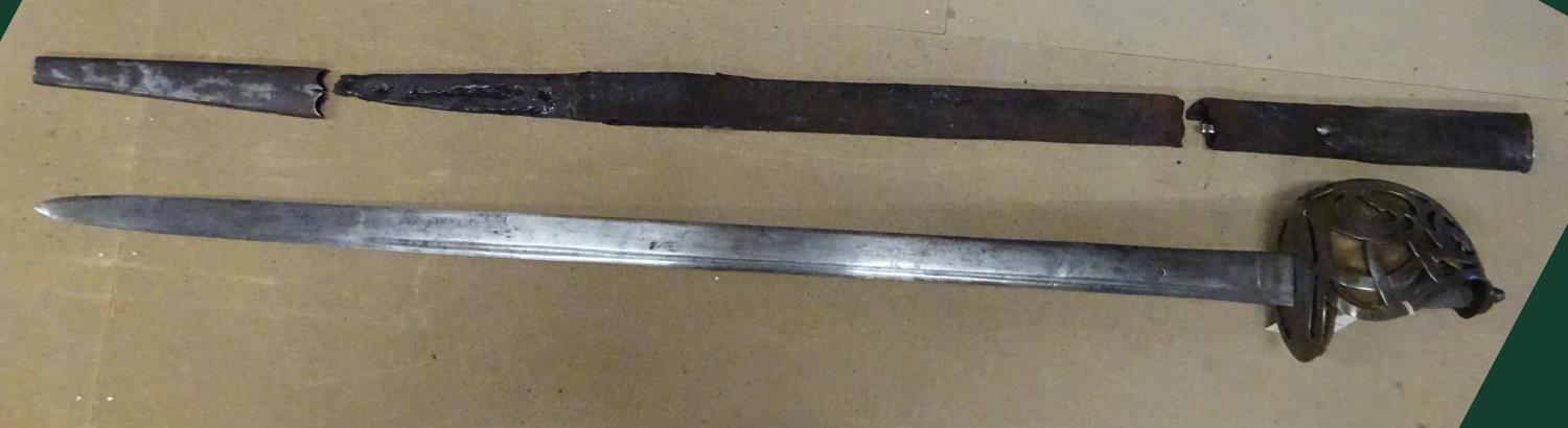 A scarce late 18th century Scottish officer's broadsword, unusual flat double edge blade 36" with - Image 9 of 15