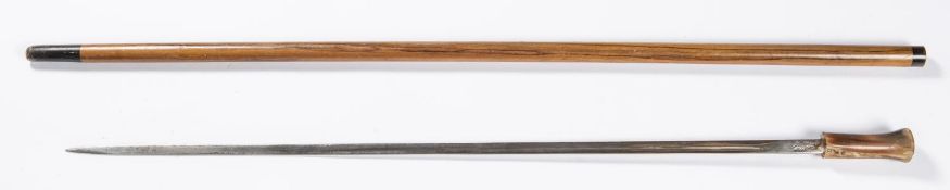 A swordstick, single edged plated blade 29", Oriental engraved lettering, horn hilt (split). In