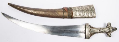 A large Arab jambiya, blade 16½”, WM mounted wood hilt with dome studs, in its WM and brass