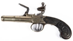 A 60 bore cannon barrelled flintlock boxlock pocket pistol with tutenag barrel, frame and trigger