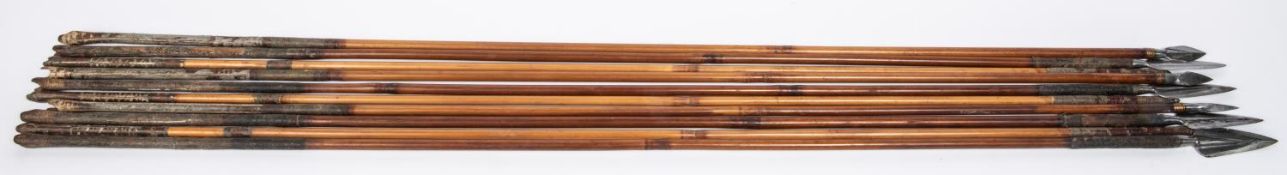 A set of three 18th century Indian arrows, large leaf shaped heads with central rib; another set