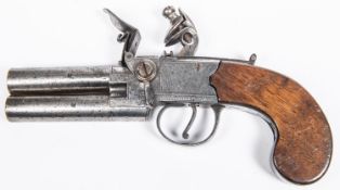 A double barrelled over and under 60 bore tap action flintlock boxlock pistol by Simmons, c 1820,