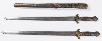 A good Chinese Pirate’s double sword, blades 21”, horn hilts, brass mounted overall, rayskin covered