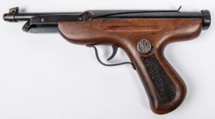A pre war .177" Em-Ge "Zenit" top lever air pistol, the wooden stock having chequered grips and