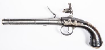 A 20 bore "Queen Anne" style flintlock boxlock side action pistol by T Annely, c 1730, 12½" overall,