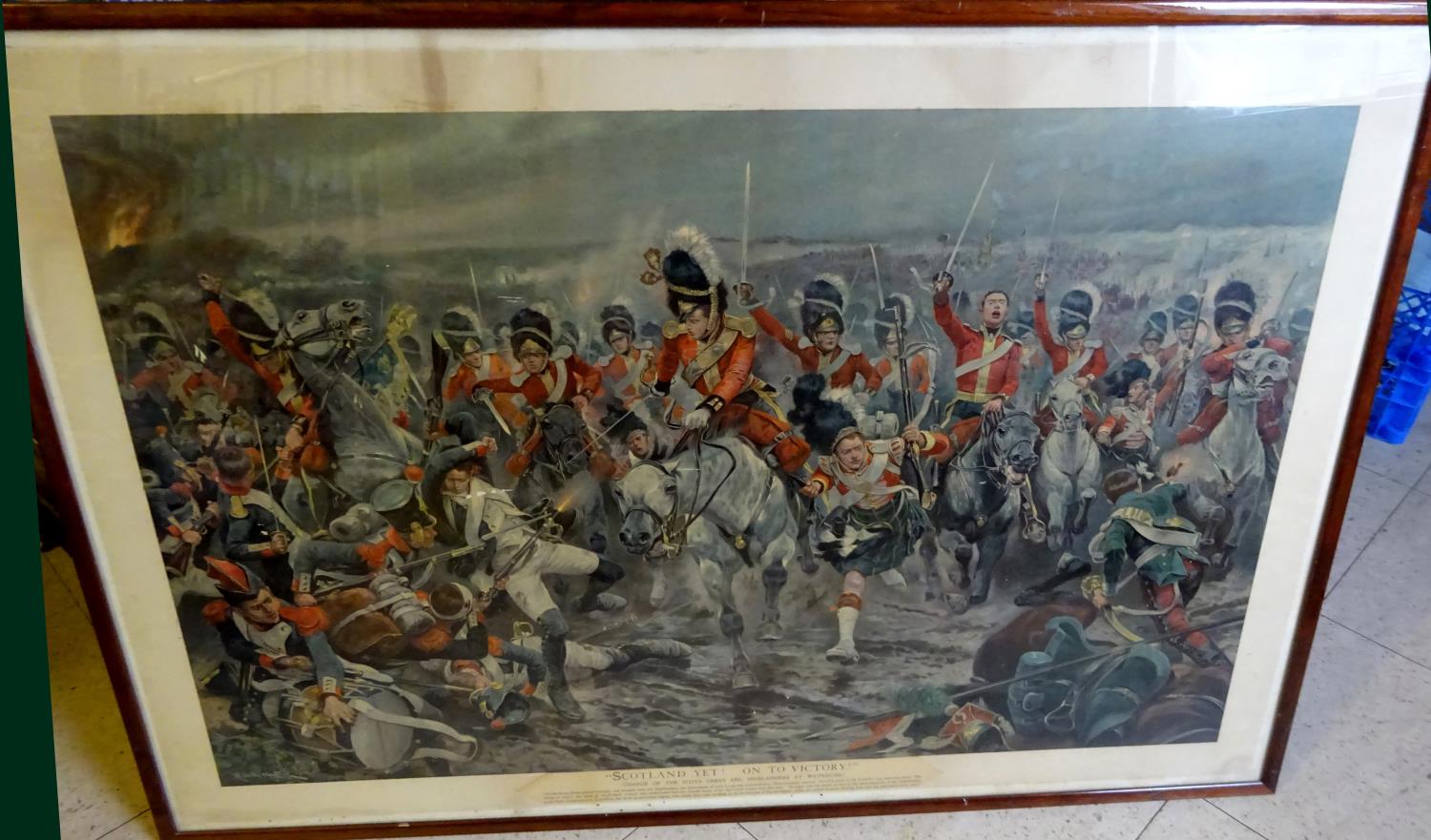 A large colour print of “Scotland Yet on to Victory”, the Scots Greys and Highlanders Charge at
